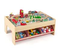 GOPLUS Table Circuit de Train Enfant avec 3 Bacs Rangements, Rail de Train Bois 92 Pcs avec Rails, Jouet d'Activités Multijeux pour Garçons et Filles 3 Ans+, Acessoire Complets (92x64x40|92Pcs)