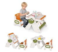 GOPLUS Table d'Activité Enfant avec Chaise 9 en 1, 3 Hauteurs Réglables, avec Plateau Réversible, Tableau Blanc, Porte-stylos, Panier de Rangement, Table de Jeux Enfant pour 18+ Mois (Orange)