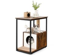 GOPLUS Table d'Appoint pour Chat, Armoire pour Chat avec Cabane pour Chat, Tapis en Peluche Amovible, Poteau à Griffer, Tapis à Griffer, Balle Interactive et Kits Anti-Basculement(Marron Rustique)