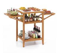 GOPLUS Table de Barbecue Extérieure en Bois d'Acacia, Desserte Plancha avec Dessus en Résine Faux Marbre, 2 Plateaux Rabattables, 2 Étagères Ouvertes, pour Jardin, Terrasse, 124,5 x 60 x 89,5 cm