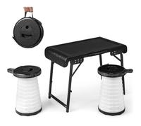 GOPLUS Table de Camping avec 2 Tabourets Rétractables à LED Ensemble de 3 Pièces pour Plage Jardin Pique-Nique Barbecue Pêche