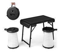 GOPLUS Table de Camping avec 2 Tabourets Rétractables à LED, Ensemble de 3 Pièces pour Plage, Jardin, Table Pliante Portable et 2 Chaises Léger pour Pique-Nique, Barbecue, Pêche