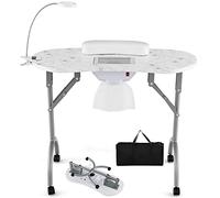 GOPLUS Table de Manucure Pliante, Table Onglerie à Roulettes, avec Collecteur de Poussière Electrique, Lampe LED Pliable, Coussin de Poignet Amovible, Sac de Transport, 3 Sacs à Poussière (Blanc)