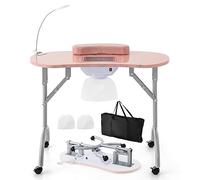 GOPLUS Table de Manucure Pliante, Table Onglerie à Roulettes, avec Collecteur de Poussière Electrique, Lampe LED Pliable, Coussin de Poignet Amovible, Sac de Transport, 3 Sacs à Poussière (Rose)