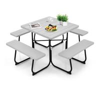 GOPLUS Table de Pique-Nique avec 4 Bancs Intégrés pour 4 à 8 Personnes, Table Jadin Exterieur en HDPE avec Trou pour Parasol,Carrée en Plein Air, Cadre en Métal,Charge 225KG+135KG (Gris)