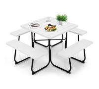 GOPLUS Table de Pique-Nique avec 4 Bancs Intégrés pour 4 à 8 Personnes, Table Jadin Exterieur en HDPE avec Trou pour Parasol,Carrée en Plein Air, Cadre en Métal,Charge 225KG+135KG (Blanc)