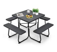 GOPLUS Table de Pique-Nique avec 4 Bancs Intégrés pour 4 à 8 Personnes, Table Jadin Exterieur en HDPE avec Trou pour Parasol,Carrée en Plein Air, Cadre en Métal,Charge 225KG+135KG(Noir)