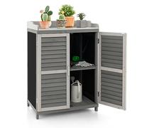 GOPLUS Table de Rempotage de Jardin en Bois de Sapin, 67 x 46 x 99,5 CM, Armoire de Rangement Extérieur, Plateau en Métal, Étagère, 2 Porte Magnétique Persiennes, Rideaux Latéraux, pour Outil, Plante