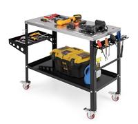 GOPLUS Table de Soudage avec Support et Plateau à Outils, Capacité 544 Kg, Table d'Etabli de Soudage, Trous de Fixation de 1,6cm, Etagère Inférieure, Chariot Verrouillable, pour Soudage, Sciage