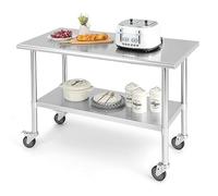 GOPLUS Table de Travail en Acier Inoxydable avec Étagère Réglable, Établi de Travail avec roulettes Roulantes, Plan de Travail avec Coins Arrondis, pour Cuisine/Restaurant, 122 x 61 x 90 cm