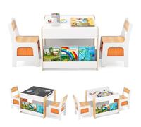 GOPLUS Table Enfant avec 2 Chaises, 4 en 1 Table de Dessin avec Plateau Réversible et Tableau Noir, Petit Bureau Enfant avec 2 Boîtes de Rangement Amovible, Étagères à Livres (Naturel)