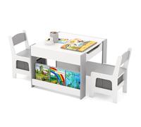 GOPLUS Table Enfant avec 2 Chaises, 4 en 1 Table de Dessin avec Plateu Réversible et Tableau Noir, Petit Bureau Enfant avec 2 Boîtes de Rangement Amovible, Étagères Latérales (Gris)