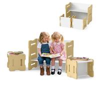 GOPLUS Table Enfant avec 2 Chaises, Bureau Enfant et Chaises Gain de Place, 3 PCS Petit Table d'Activités Modulable en Bois pour Jouer Etudier Manger, pour Garcon Fille 3+ Ans (Naturel)