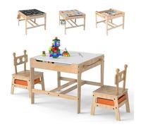GOPLUS Table Enfant avec 2 Chaises en Forme de Robot, Table de Dessin avec Plateau Réversible Double Face Tableau Blanc/Noir, 2 Bacs en Tissu, Bureau Enfant avec Rangement Caché (Naturel)
