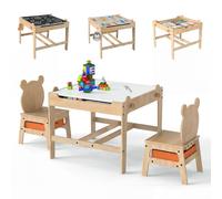 GOPLUS Table Enfant avec 2 Chaises en Forme d'ours, Table de Dessin avec Plateau Réversible Double Face Tableau Blanc/Noir, 2 Bacs en Tissu, Bureau Enfant avec Rangement Caché (Ourson Naturel)