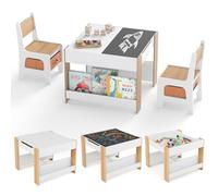 GOPLUS Table Enfant avec 2 Chaises, Table d'Activités pour 3-6 Ans avec Tableau Noir Double Face Amovible, Petit Bureau Enfant avec Rangement, 2 Étagères et 2 Bacs en Tissu (Naturel)