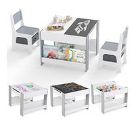 GOPLUS Table Enfant avec 2 Chaises, Table d'Activités pour 3-6 Ans avec Tableau Noir Double Face Amovible, Petit Bureau Enfant avec Rangement, 2 Étagères et 2 Bacs en Tissu (Gris)