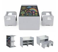 GOPLUS Table Enfant avec Chaise 3 PC avec Tableau Noir (Gris) | Bureau Enfant avec 2 Tabourets, Table d'Activité Montessori Convertible en Bibliothèque pour Lire Dessiner Jouer