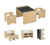 GOPLUS Table Enfant avec Chaise 3 PCS, Bureau Enfant avec Tableau Noir et 2 Tabourets Motif Éléphant, Table d'Activité&Chaises Montessori Convertible en Bibliothèque, Dessiner Lire Jouer (Naturel)