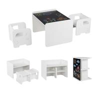 GOPLUS Table Enfant avec Chaise 3 PCS, Bureau Enfant avec Tableau Noir et 2 Tabourets Motif Éléphant, Table d'Activité&Chaises Montessori Convertible en Bibliothèque, Dessiner Lire Jouer (Blanc)