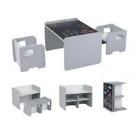GOPLUS Table Enfant avec Chaise 3 PCS, Bureau Enfant avec Tableau Noir et 2 Tabourets Motif Éléphant, Table d'Activité&Chaises Montessori Convertible en Bibliothèque, Dessiner Lire Jouer (Gris)