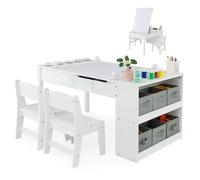 GOPLUS Table Enfant avec Chaises d'Activités, Plateau Relevable, 6 Bacs de Rangement, 5 Pots à Peinture, 1 Rouleau de Papier, pour Dessiner, Bureau Enfant 3+ Ans, Blanc