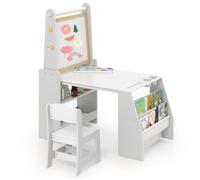 GOPLUS Table et Chaise pour Enfants avec 2 Tableaux,ouleau de Papier,Gomme,Craies,Gobelets de Peinture pour Écrire,Dessiner,Gris