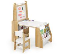 GOPLUS Table et Chaise pour Enfants avec 2 Tableaux,ouleau de Papier,Gomme,Craies,Gobelets de Peinture pour Écrire,Dessiner,Naturel