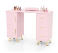 GOPLUS Table Manucure Professionnelle, 2 en 1 Bureau et Table Ongulaire, avec Repose-Poignet, 8 Pieds en Métal, 3 Tiroirs, 2 Armoires, Station de Travail en Bois, pour Salon de Beauté (Rose)