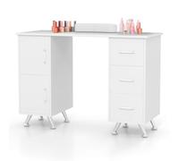 GOPLUS Table Manucure Professionnelle, 2 en 1 Bureau et Table Ongulaire, avec Repose-Poignet, 8 Pieds en Métal, 3 Tiroirs, 2 Armoires, Station de Travail en Bois, pour Salon de Beauté (Blanc)