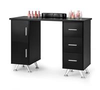 GOPLUS Table Manucure Professionnelle, 2 en 1 Bureau et Table Ongulaire, avec Repose-Poignet, 8 Pieds en Métal, 3 Tiroirs, 2 Armoires, Station de Travail en Bois, pour Salon de Beauté (Noir)