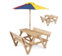GOPLUS Table Pique-Nique Enfant en Bois avec Parasol Réglable et 2 Bancs à Dossier, Table Exterieur 4 Personnes pour Tout-Petit 3 à 8 Ans, Salon de Jardin Enfant pour Plage Pelouse Cour