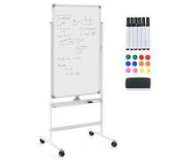GOPLUS Tableau Blanc Effacable 2 Face 60 x 100 CM avec Hauteur Réglable 156-184 CM, Tableau Blanc Magnetique sur Pieds Rotatif à 360° avec 4 Roue, 1 Effaceur, 12 Aimant, 6 Marqueur, Idéal pour École