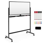 GOPLUS Tableau Blanc Effacable sur Pied Rotatif à 360°, 120 x 60 CM, Tableau Blanc Magnetique 2 Face, Hauteur Réglable avec 4 Roue Universelle, 12 Aimant, 6 Marqueur, Gomme pour École, Bureau, Noir