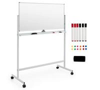 GOPLUS Tableau Blanc Effacable sur Pied Rotatif à 360°, 120 x 60 CM, Tableau Blanc Magnetique 2 Face, Hauteur Réglable avec 4 Roue Universelle, 12 Aimant, 6 Marqueur, Gomme pour École, Bureau, Blanc