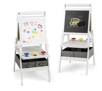 GOPLUS Tableau Enfant Double Face 3 en 1, Chevalet Enfant avec Tableau Blanc Noir et Rouleau de Papier, Chevalet Peinture en Bois avec Étagère, 3 Pots et 2 Tiroirs, pour 3 à 6 Ans (Blanc)