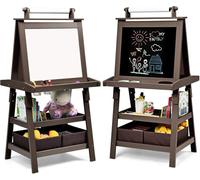 GOPLUS Tableau Enfant Double Face, Chevalet Enfant avec Tableau Blanc/Noir Magnétique Effacable, Rouleau de Papier 2 Boîtes de Rangement, pour 3+ Ans (Café)