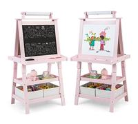 GOPLUS Tableau Enfant Double Face, Chevalet Enfant avec Tableau Blanc/Noir Magnétique Effacable, Rouleau de Papier 2 Boîtes de Rangement, pour 3+ Ans (Rose)