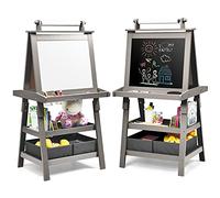 GOPLUS Tableau Enfant Double Face, Chevalet Enfant avec Tableau Blanc/Noir Magnétique Effacable, Rouleau de Papier 2 Boîtes de Rangement, pour 3+ Ans (Gris)