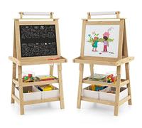 GOPLUS Tableau Enfant Double Face, Chevalet Enfant avec Tableau Blanc/Noir Magnétique Effacable, Rouleau de Papier 2 Boîtes de Rangement, pour 3+ Ans (Naturel)