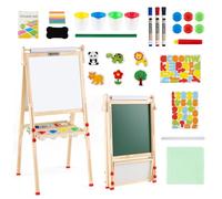 GOPLUS Tableau Enfant Double Face Réglable en Hauteur, Chevalet Enfant Magnetique Pilable avec Rouleau de Papier, Accessoires Riches, Chevalet d'art en Bois Massif pour 3-14 Ans