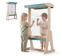 GOPLUS Tableau Enfant Double Face Transparent, Chevalet Enfant Extérieur Interieur avec Auvent de Protection, Rouleau de Papier, Pots à Peinture, Étagère, Tableau Dessin en Bois pour 3+ Ans