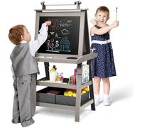 GOPLUS Tableau Enfant Noir/Blanc Magnétique 59x50x117CM,Chevalet Double Face avec Rouleau de Papier et Boîtes de Rangement,Gris