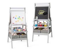 GOPLUS Tableau Enfant pour Enfants-Tableau Blanc/Noir à Craie,Rouleau de Papier,avec Étagère,3 Pots et 2 Tiroirs en Tissu,Gris
