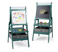 GOPLUS Tableau Enfant pour Enfants-Tableau Blanc/Noir à Craie,Rouleau de Papier,avec Étagère,3 Pots et 2 Tiroirs en Tissu,Bleu