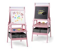 GOPLUS Tableau Enfant pour Enfants-Tableau Blanc/Noir à Craie,Rouleau de Papier,avec Étagère,3 Pots et 2 Tiroirs en Tissu,Rose