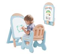 GOPLUS Tableau Enfants Pliant avec Tabouret Enfant, Chevalet Enfants à Hauteur Ajustable Tableau Blanc Effaçable, Feutres, Effaceur à Sec, Jouets Magnétiques, pour Garçons Filles 1+ Ans (Bleu)