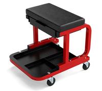 GOPLUS Tabouret Atelier à roulettes Charge 185 KG, Tabouret de Mécanicien avec 4 roulettes Pivotantes à 360°, Siège Rembourré, Tiroir Extensible et Plateau à Outils, pour Garage & Atelier (Noir)