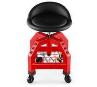 GOPLUS Tabouret d'Atelier à 4 roulettes, Tabouret Servant avec Hauteur Réglable 67-80cm & Plateau à Outils, Charge 150KG, Siège Pivotant pour Garage, Atelier (Rouge)