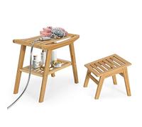 GOPLUS Tabouret et Douche en Bambou avec Étagère de Rangement, Tabouret Multifonctionnel à 2 Niveaux avec Patins Antidérapants, Lattes Respirantes, Bords Arrondis, Charge Max 150KG, Naturel